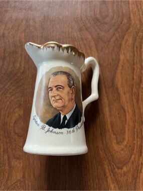 Ceramic Lyndon B Johnson Commemorative  Pitcher with Portrait and Gold Trim